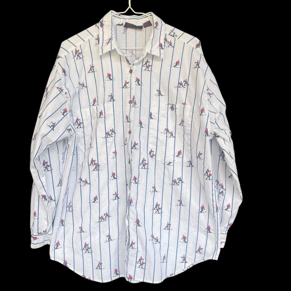 Geoffrey Hunter Shirt Mens Large White Blue Striped Skier Print Button Up Cotton